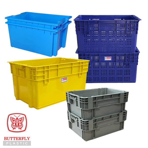 Stack and nest plastic crates in various sizes